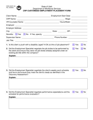 Fillable Online Jobs Utah CRP Customized Employment Placement Form