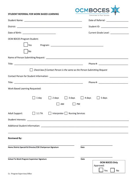 Fillable Online Ocmboces STUDENT REFERRAL FOR WORK BASED LEARNING