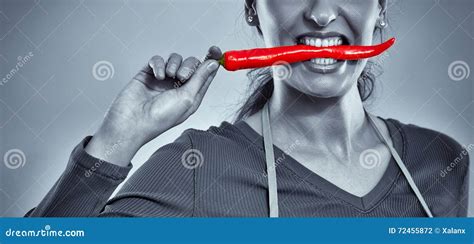 Woman Biting Hot Chili Pepper Stock Photo Image Of Green Fresh 72455872