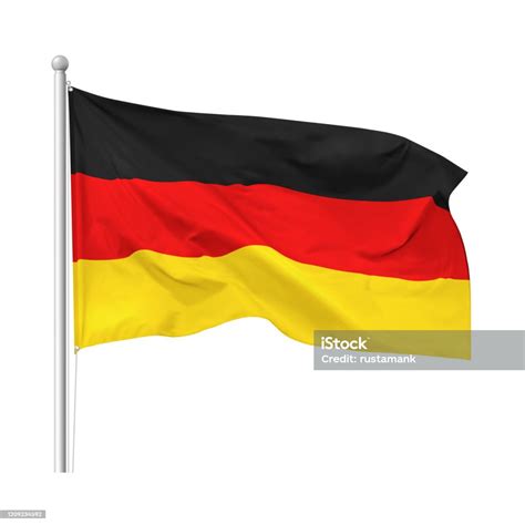 Flag Of The Federal Republic Of Germany In The Wind On Flagpole Isolated On White Background