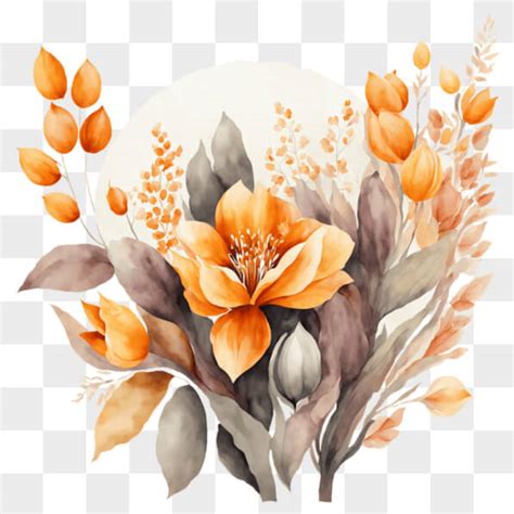 Descarga Pintura Acuarela De Flores Y Hojas Naranjas Con Luna Llena PNG