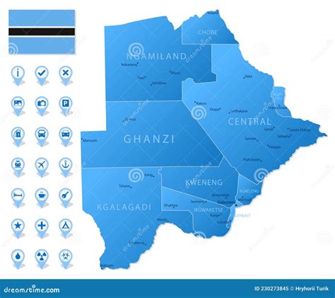 Blue Map Of Botswana Administrative Divisions With Travel Infographic