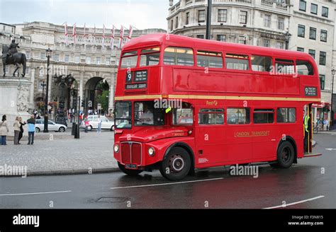 No 9 red Routemaster bus passing through Trafalgar Square in London ...