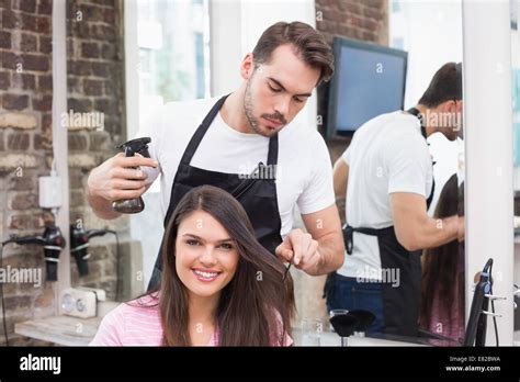Pretty Brunette Getting Her Hair Cut Stock Photo Alamy