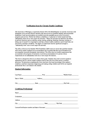 Fillable Online Studentlife Umich Verification Form For Chronic Health