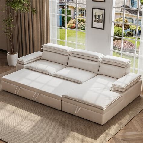 Off White Microfibres Reversible Sleeper Sectional Sofa With Chaise Pull Out Sofa Bed Homary