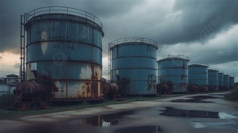 Rusted Iron Tanks In Front Of A Dark Cloudy Sky Background Picture Of