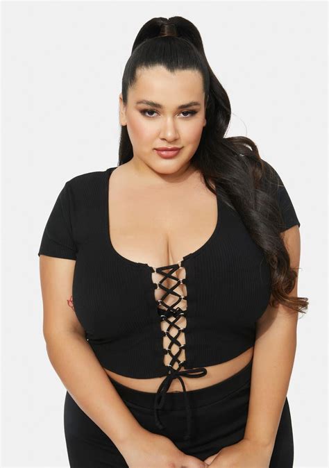 Plus Size Short Sleeve Lace Up Crop Top Black Dolls Kill