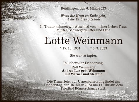 Traueranzeigen Von Lotte Weinmann Trauer Gea De