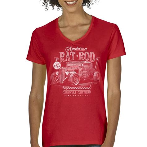 American Rat Rod Women S V Neck T Shirt Hot Rod Custom Culture Route S Classic Car