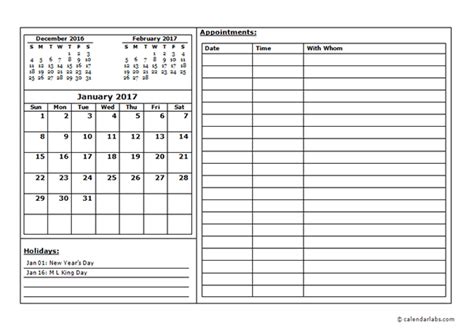 2017 Monthly Calendar Appointment - Free Printable Templates