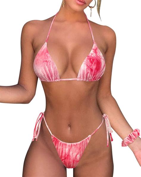 Suuksess Women Velvet Bikini Tie String Halter Swimsuit Pieces Thong