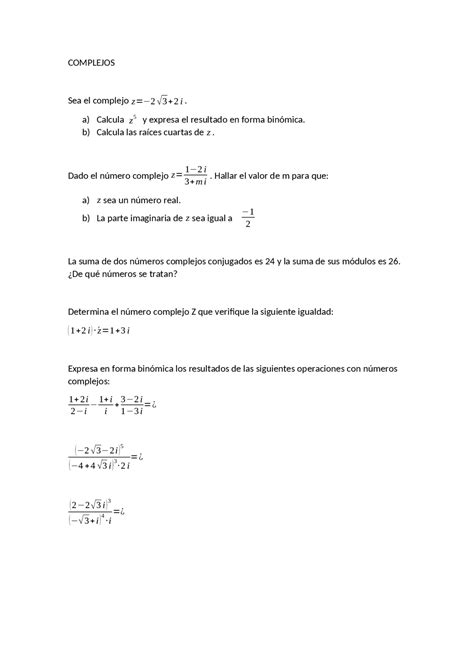 Examen números complejos 1º bachillerato Exámenes de Matemáticas