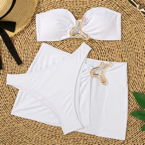 Dorinao Summer Three Piece Bikini Set Gold Trim Sexy Bandeau Top High Waist Bottoms
