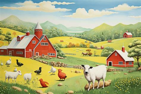 AI generated Cartoon farm scene with farm animals on the meadow - illustration for children, A ...