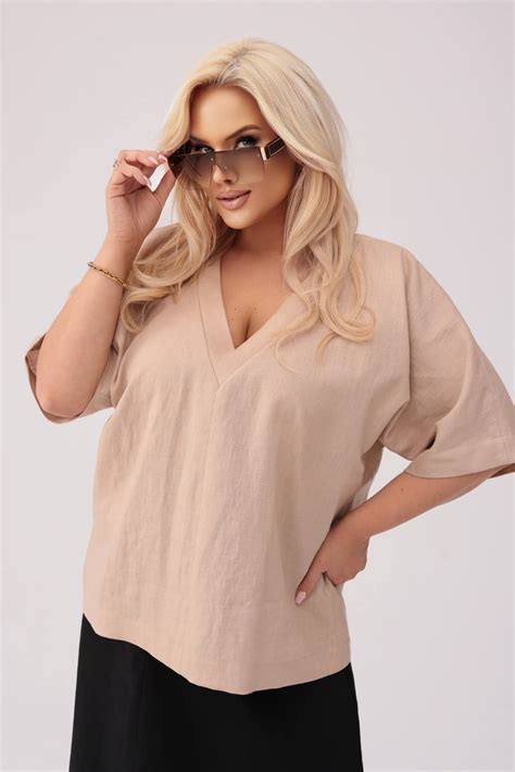 Kimonowa Lniana Bluzka Ines W Kolorze Nude PLUS SIZE OVERSIZE XXL Moda Size Plus Iwanek