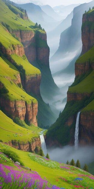 Premium AI Image | Mountain valley with waterfall