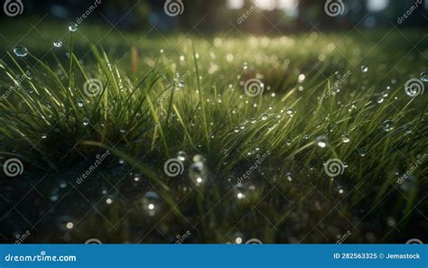 Vibrant Green Meadow Dew Drops On Blades Nature Fresh Beauty