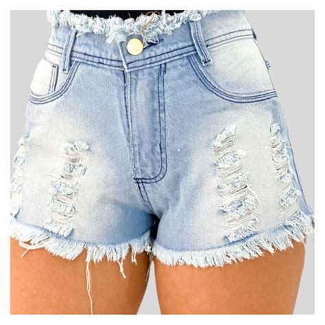 Short Jeans Feminino Cintura Alta Rasgado Desfiado Na Cintura E Barra