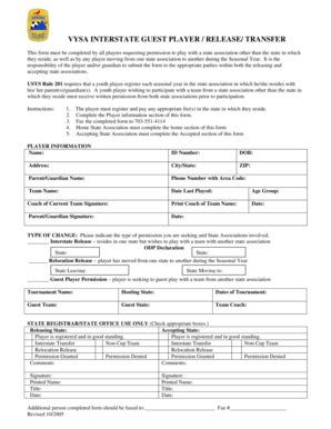 Fillable Online Interstate Guest Playerrelease Or Transfer Form