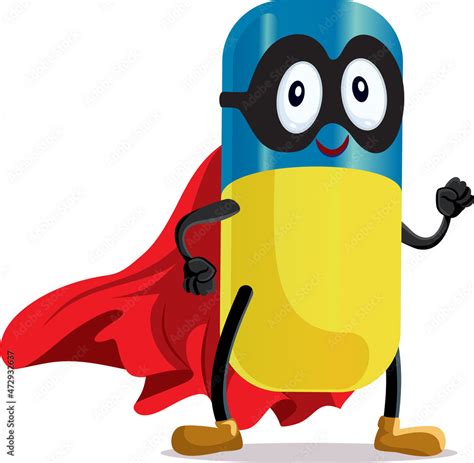 Superhero Vitamin Pill Wearing Red Cape Vector Cartoon Character Stock