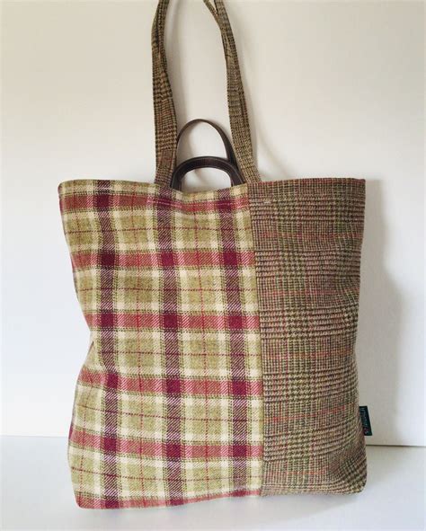 Tartan Patchwork Embroidered Upcycled Tote Bag Etsy Wool Tote Bag