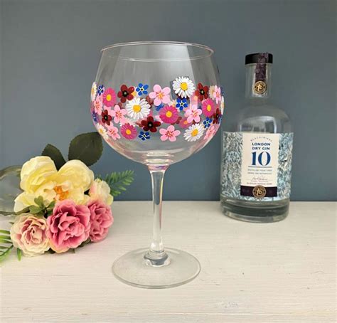 Personalised Gin Glass Hand Painted Flowers T For Her Etsy Uk Hand Painted Wine Glass