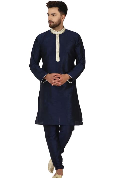 Solid Color Dupion Silk Kurta Set In Navy Blue Ucchal Fashion