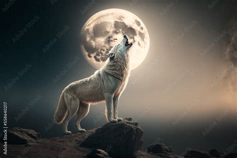 Generative Ai of white wolf howling at the moon. Stock Illustration ...