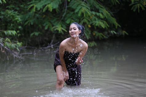 Rural Young Asian Women Bathing in a River, or Portrait of Beautiful ...