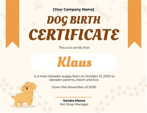 Dog Birth Certificate Template - Edit Online & Download Example ...