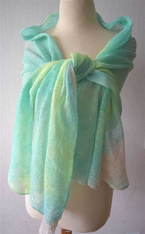 Linen Scarf Shawl Green Turquoise Blue Yellow Peach Batik Hand Dyed