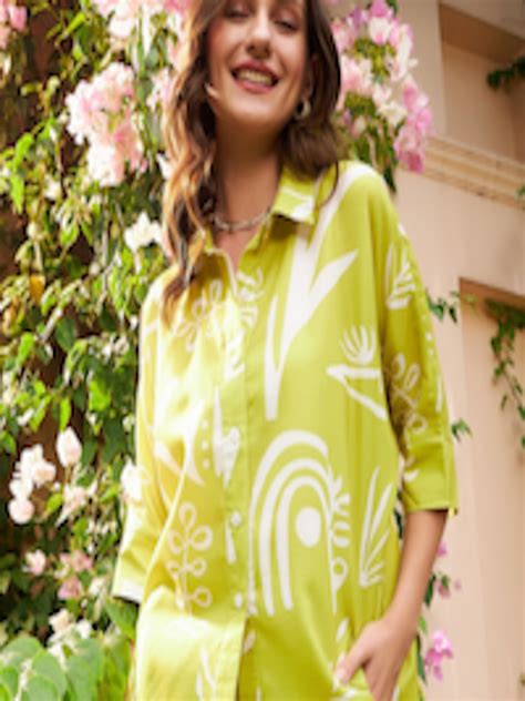 Buy Athena Lime Green Floral Printed Linen Shirt Style Top Tops For