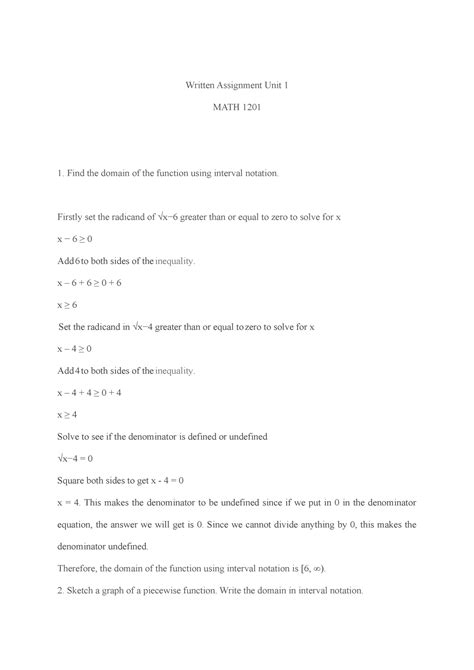 Unit 1 Assignment Mathamatics 1201 Written Assignment Unit 1 Math