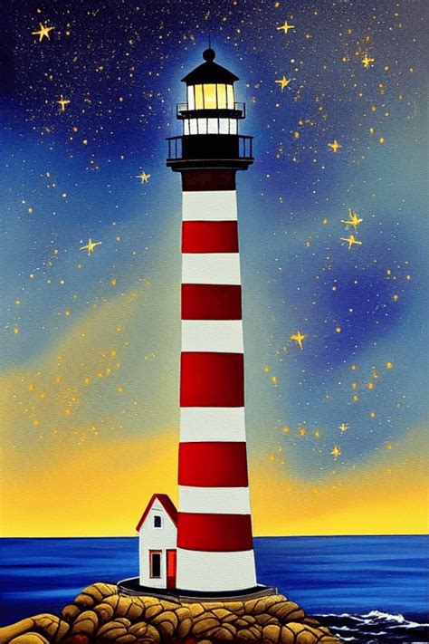 Beautiful Painting Of The Lighthouse In The Middle Of The Night