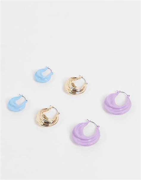 Asos Design Pack Of 3 Hoop Earrings With Twist Design In Mixed Colours Asos