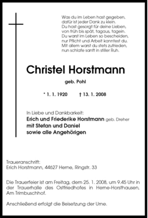 Traueranzeigen Von Christel Horstmann Trauer In Nrw De