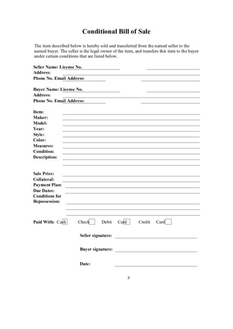 Conditional Bill Of Sale Form Printable Pdf Download