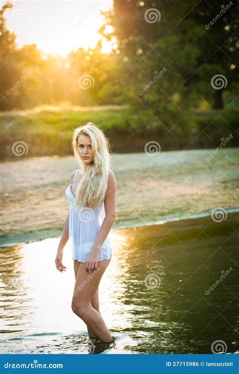 Blonde Woman In Lingerie In A River Water Stock Photo Image Of