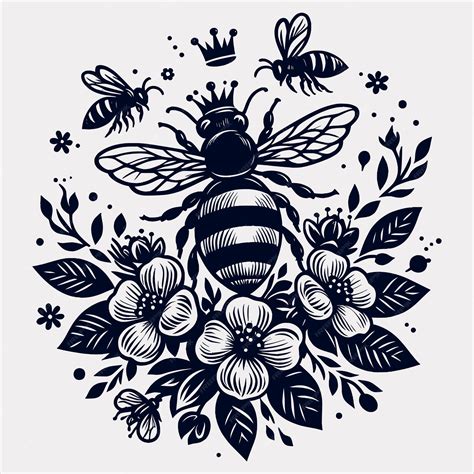 Queen Bee With Flowers Silhouette Vector Filesbee With Flowers Svg Queen Bee Svg Premium Ai