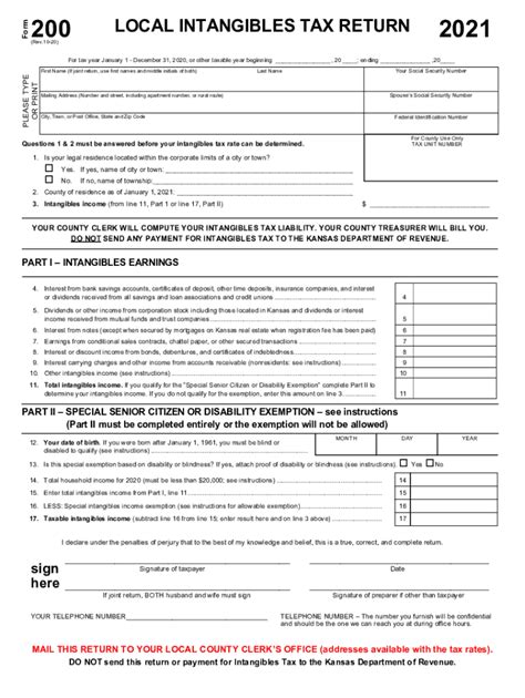 Fillable Online Ksrevenue Form 200 Local Intangibles Tax Return Rev