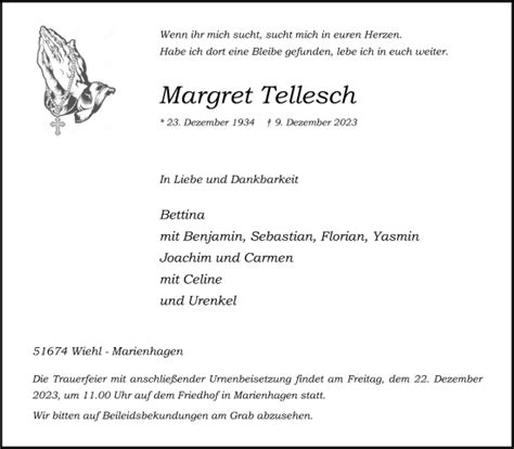 Traueranzeigen Von Margret Tellesch Wirtrauern