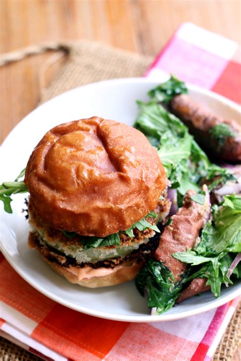 Fried Green Tomato Burgers With Miso Dressed Sweet Potato Salad Joanne Eats Well With Others