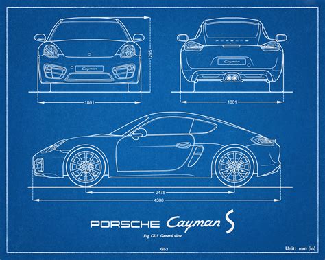 Porsche Cayman S Blueprint Car Decor Wall Art | Etsy