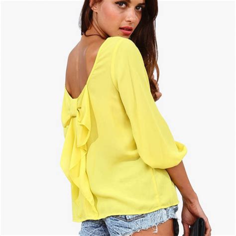 Europe And The Female Shirt Chiffon Loose Backless Chiffon Blouse Yellow On Luulla