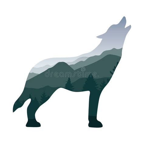 Two Wildlife Wolves Silhouette in the Forest on the Meadow Black and White Stock Vector ...