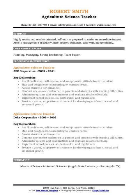 Agriculture Science Teacher Resume Samples Qwikresume