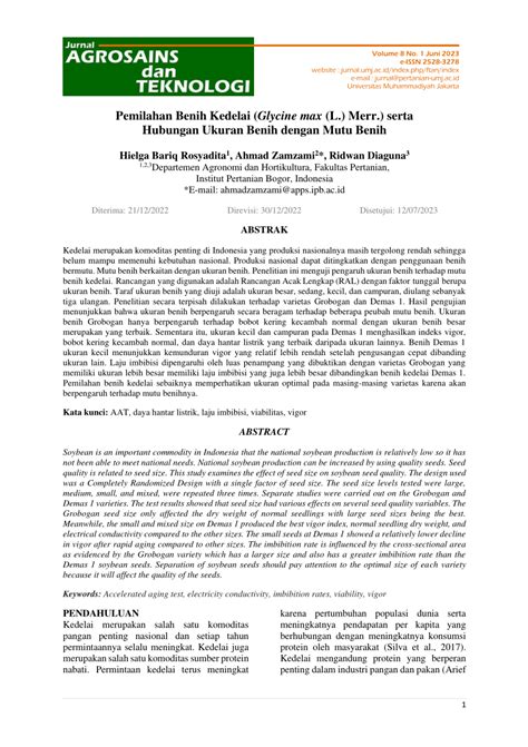 Pdf Pemilahan Benih Kedelai Glycine Max L Merr Serta Hubungan Ukuran Benih Dengan Mutu Benih