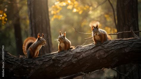 Three squirrels on a tree branch in the forest. Generative AI ...