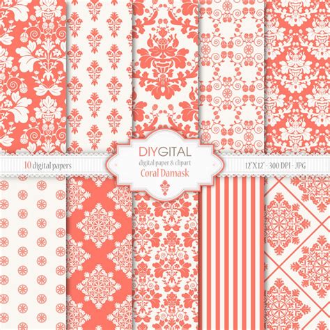 Coral Damask Digital Paper 10 Digital Papers With Coral Etsy